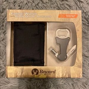 Trifold wallet with bottle opener multi-tool set